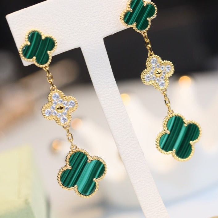 [TOPON]CLOVER EARRINGS GOLD MALACHITE DIAMOND 3 MOTIF