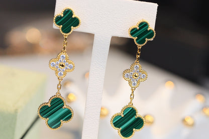 [TOPON]CLOVER EARRINGS GOLD MALACHITE DIAMOND 3 MOTIF