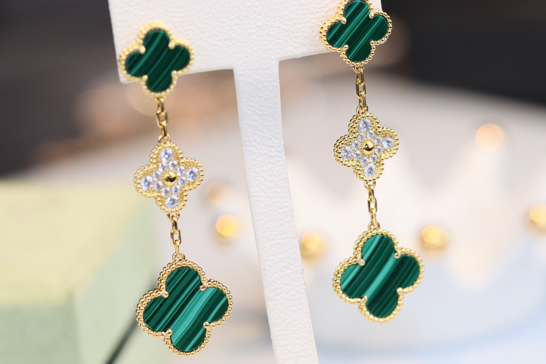 [TOPON]CLOVER EARRINGS GOLD MALACHITE DIAMOND 3 MOTIF