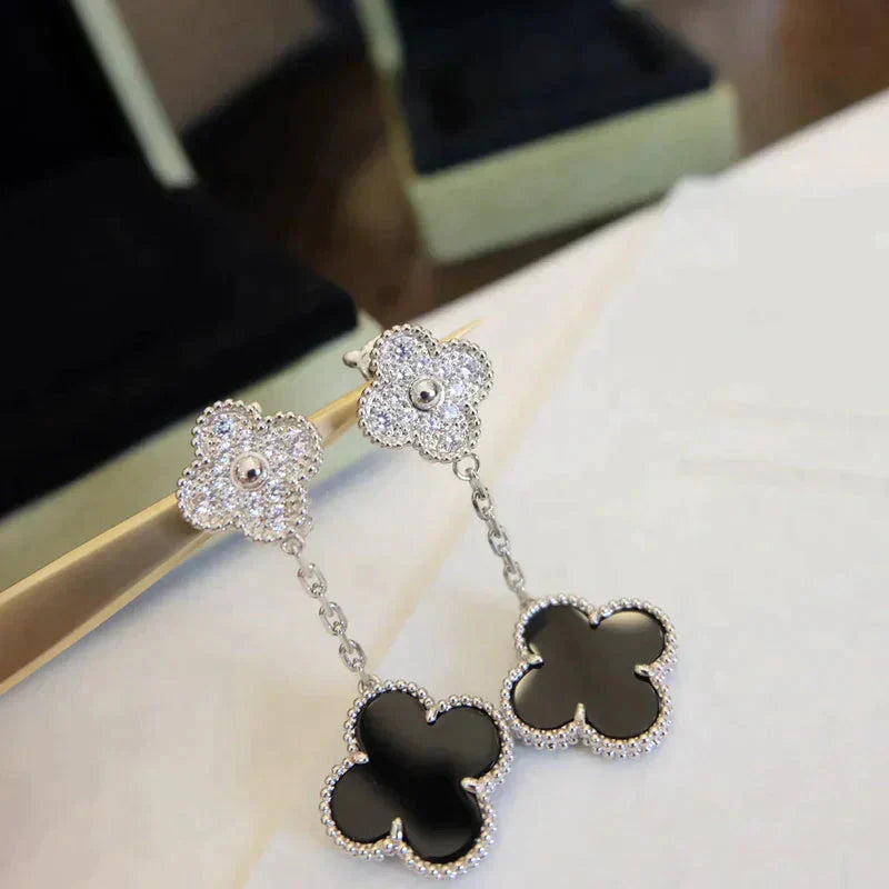 [TOPON]CLOVER 2 MOTIFS  DIAMOND ONYX EARRINGS SILVER