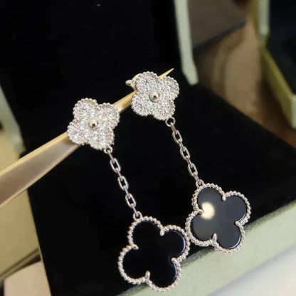 [TOPON]CLOVER 2 MOTIFS  DIAMOND ONYX EARRINGS SILVER