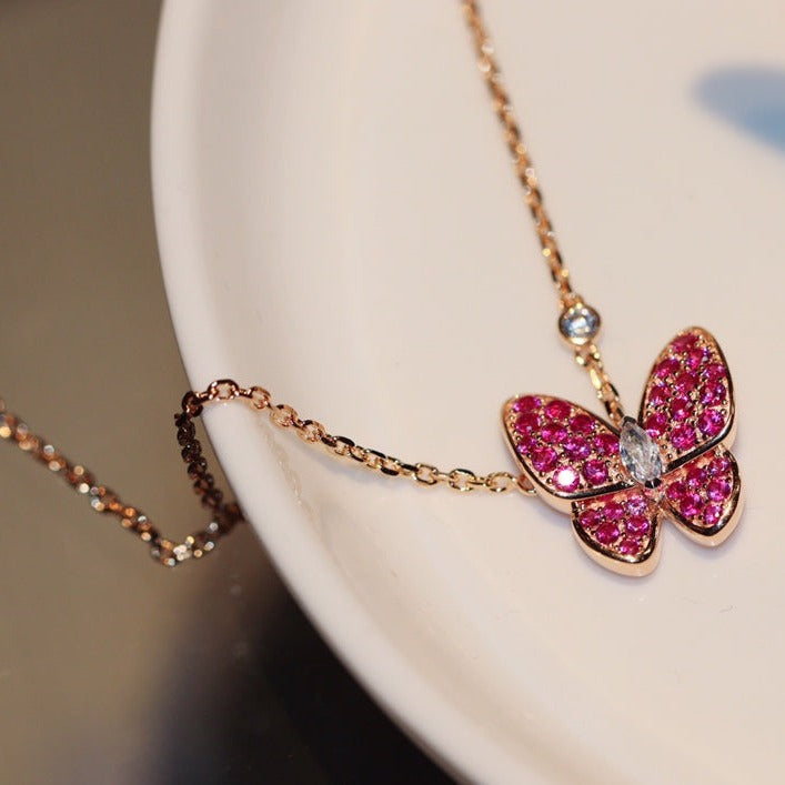 [TOPON]BUTTERFLY RED DIAMOND ROSE GOLD NECKLACE