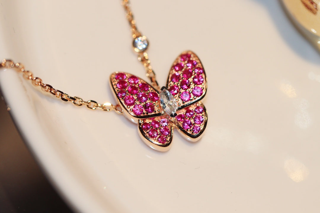 [TOPON]BUTTERFLY RED DIAMOND ROSE GOLD NECKLACE