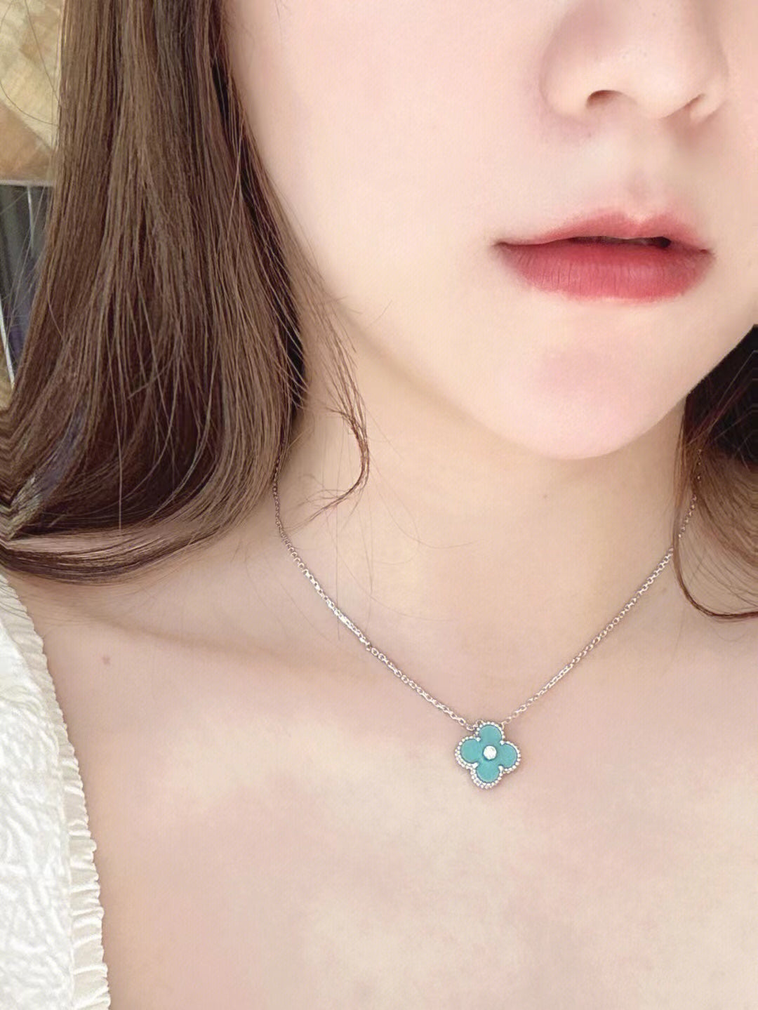 [TOPON]CLOVER 1 DIAMOND LIGHT BLUE SILVER NECKLACE