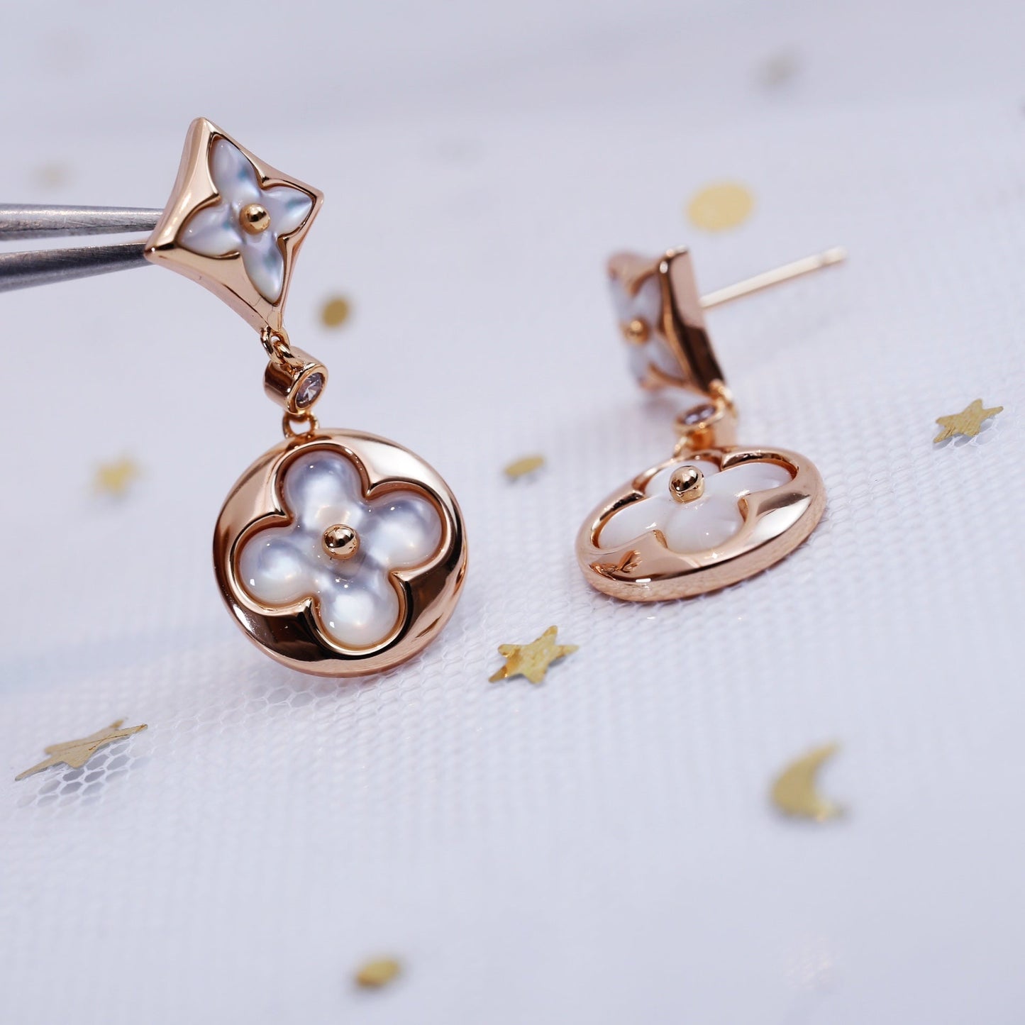 [TOPON]STAR AND SUN PINK GOLD MOP DROP EARRINGS