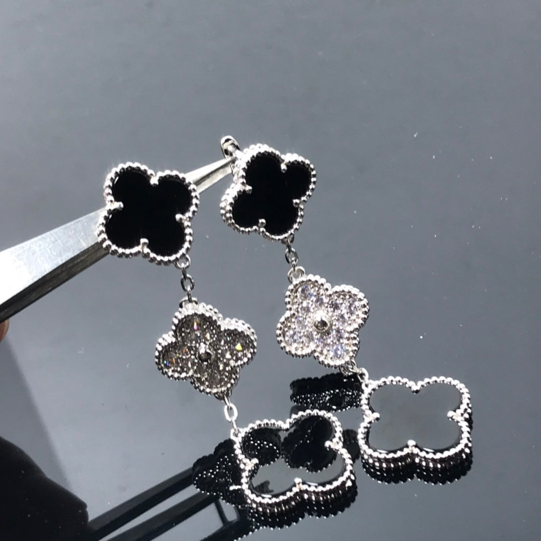 [TOPON]CLOVER 3 MOTIF DIAMOND ONYX SILVER EARRINGS