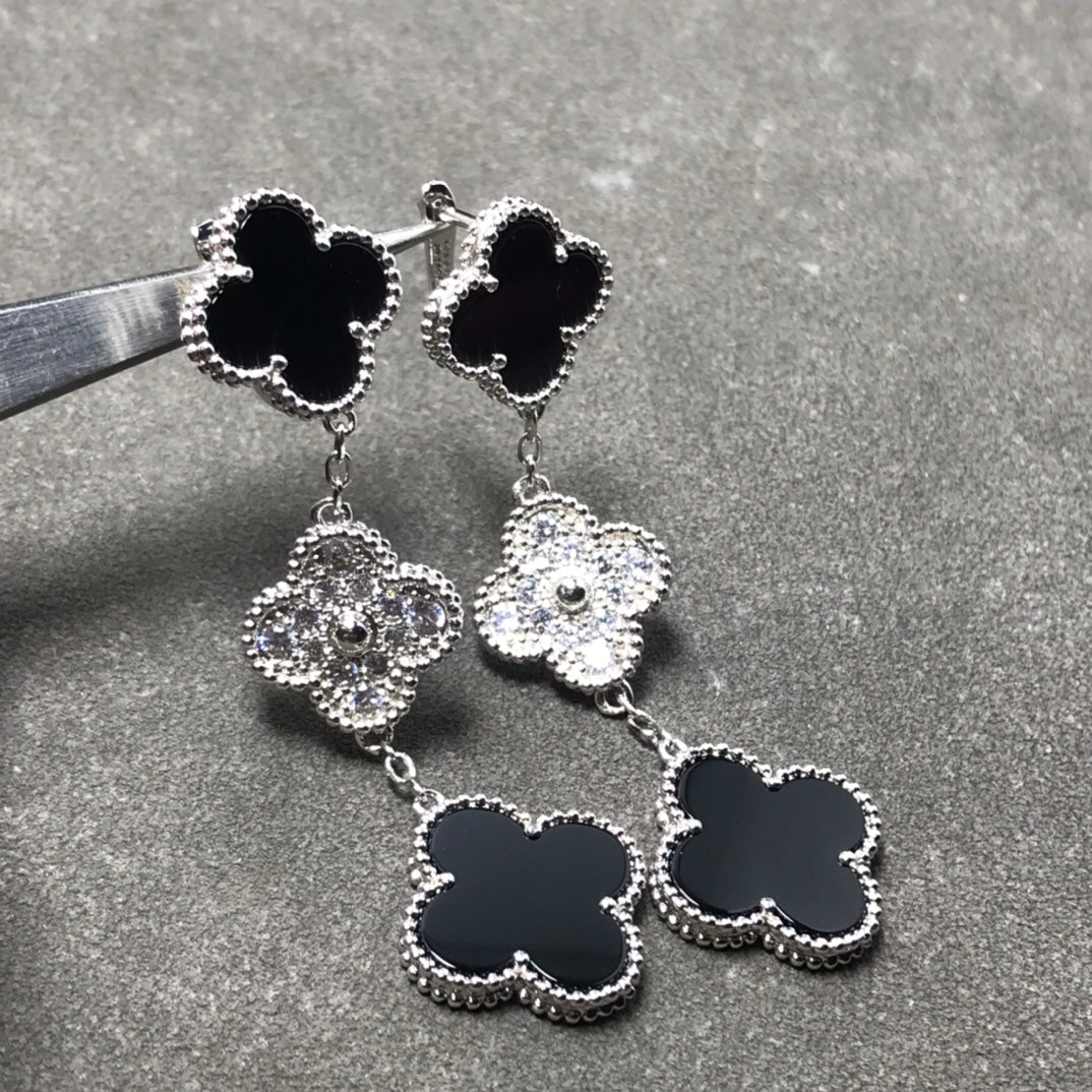 [TOPON]CLOVER 3 MOTIF DIAMOND ONYX SILVER EARRINGS