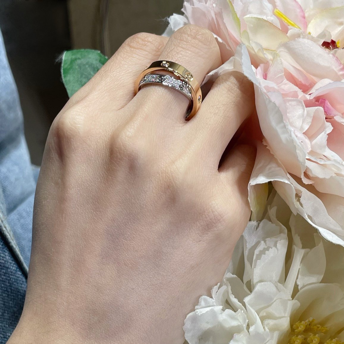 [TOPON]LOVE PINK GOLD SILVER DIAMOND DOUBLE RING