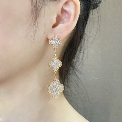 CLOVER 3 MOTIFS DIAMOND PAVED ROSE GOLD EARRINGS