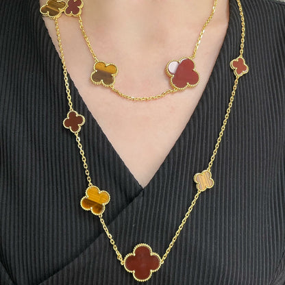 CLOVER 16 MOTIF CARNELIAN TIGER EYE ROSE GOLD NECKLACE