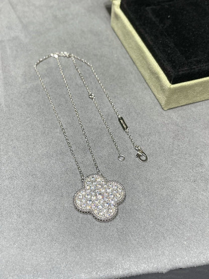 [TOPON]CLOVER 25MM LARGE PENDANT DIAMOND PAVED SILVER NECKLACE