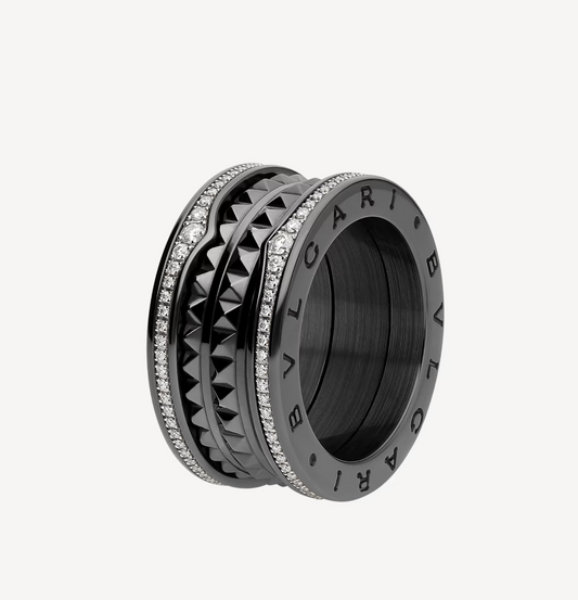 [TOPON]ZERO 1 ROCK FOUR-BAND BLACK CERAMIC WITH STUDDED SPIRAL AND PAVED DIAMONDS RING