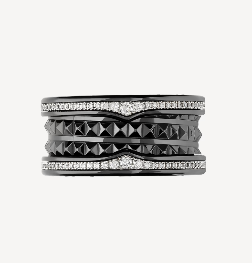 [TOPON]ZERO 1 ROCK FOUR-BAND BLACK CERAMIC WITH STUDDED SPIRAL AND PAVED DIAMONDS RING