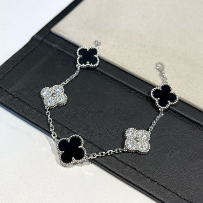 [TOPON]CLOVER 5 MOTIF ONYXS DIAMOND BRACELET SILVER