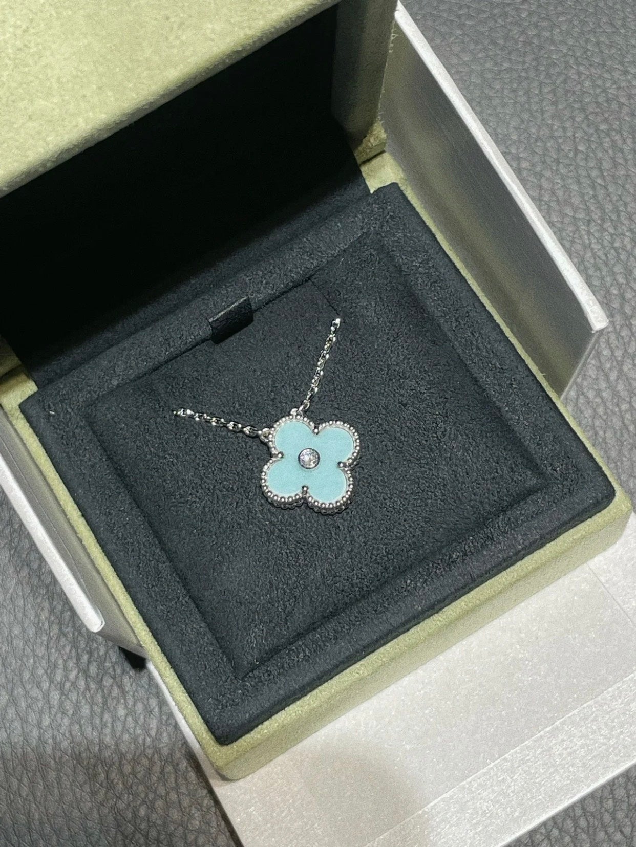 [TOPON]CLOVER 1 DIAMOND LIGHT BLUE SILVER NECKLACE