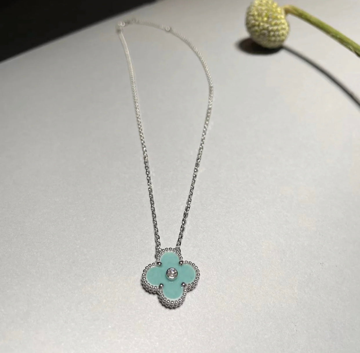 [TOPON]CLOVER 1 DIAMOND LIGHT BLUE SILVER NECKLACE