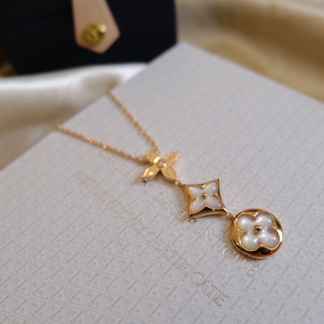 [TOPON]COLOR BLOSSOM LARIAT NECKLACE PINK GOLD WHITE MOTHER PEARL AND DIAMOND