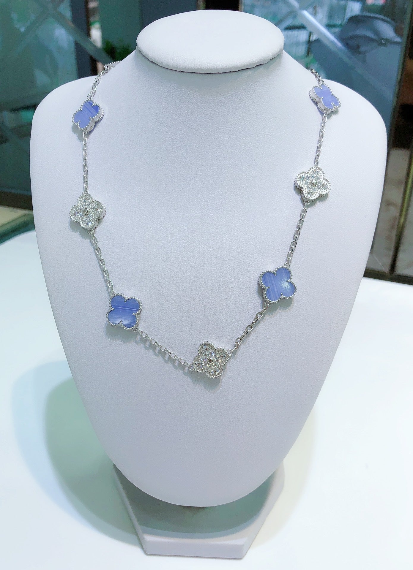 [TOPON]CLOVER 10 MOTIFS CHALCEDONY DIAMONDS SILVER NECKLACE