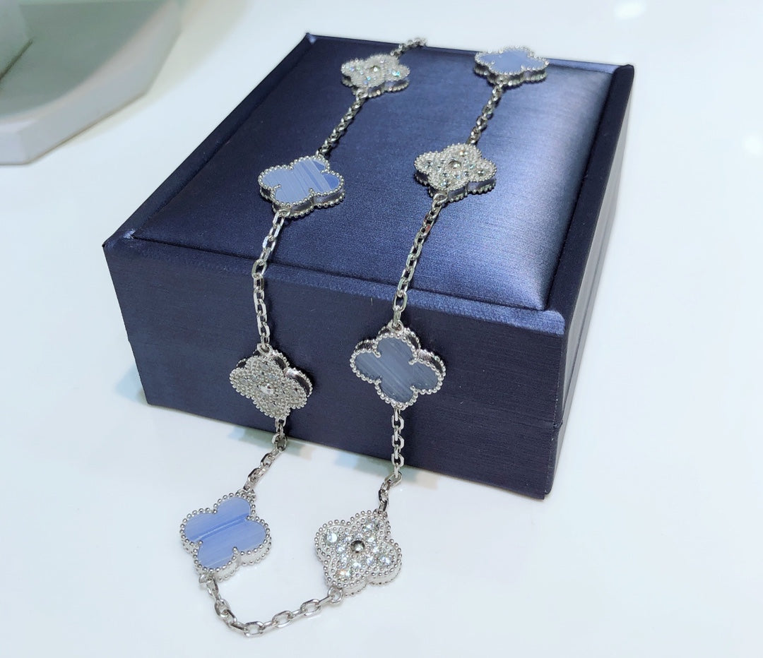 [TOPON]CLOVER 10 MOTIFS CHALCEDONY DIAMONDS SILVER NECKLACE