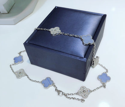 [TOPON]CLOVER 10 MOTIFS CHALCEDONY DIAMONDS SILVER NECKLACE