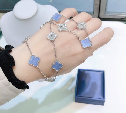 [TOPON]CLOVER 10 MOTIFS CHALCEDONY DIAMONDS SILVER NECKLACE